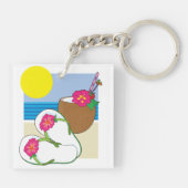 Tropische strandvakantie kokosbloemen teenslippers sleutelhanger (Achterkant)