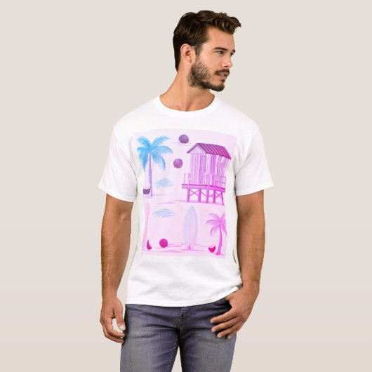 Tropische strandvibes: surfplanken, palmen en coco t-shirt (Voorkant volledig)