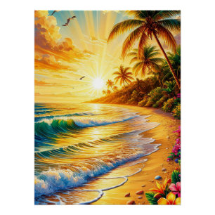 Tropische strandzonsondergang met palmbomen perfect poster