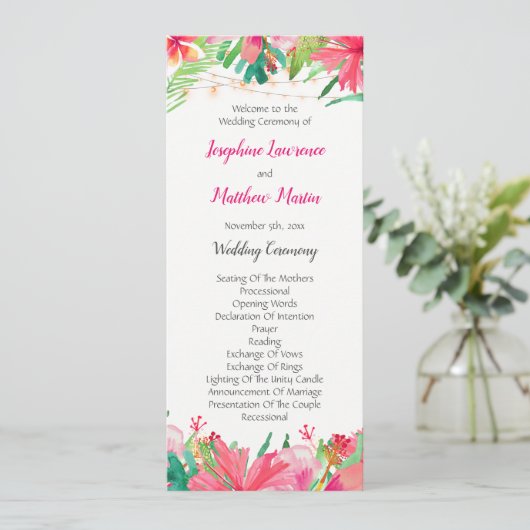 Tropische String Lights Bloemen bruiloft programma Programmakaart (Staand voorkant)