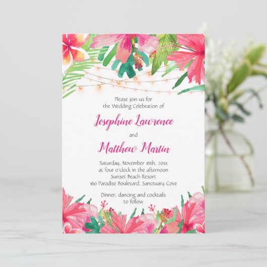 Tropische String Lights Bloemen bruiloft uitnodigi Kaart (Staand voorkant)