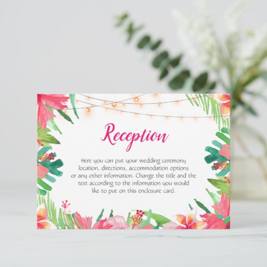 Tropische String Lights bloemenbruiloft behuizing Informatiekaartje (Staand voorkant)