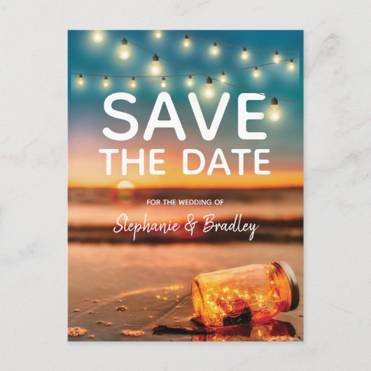 Tropische Sunset Beach Mason Jar Save the Date Aankondigingskaart (Voorkant)