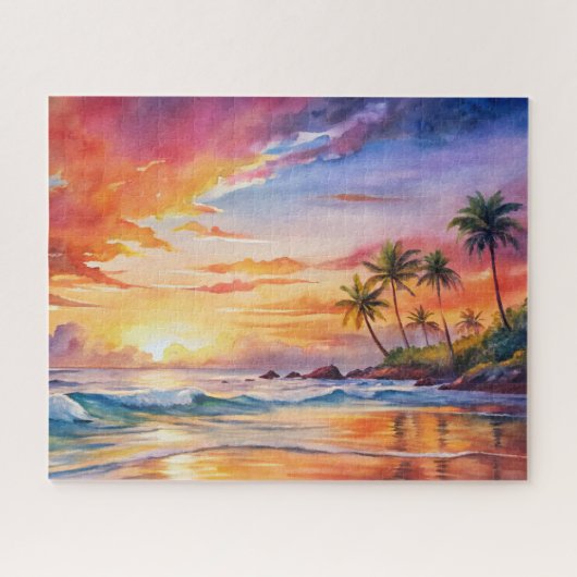 Tropische Sunset Beach Waterverf, Palm, Oceaan Legpuzzel (Horizontaal)