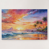 Tropische Sunset Beach Waterverf, Palm, Oceaan Legpuzzel (Horizontaal)