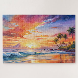 Tropische Sunset Beach Waterverf, Palm, Oceaan Legpuzzel