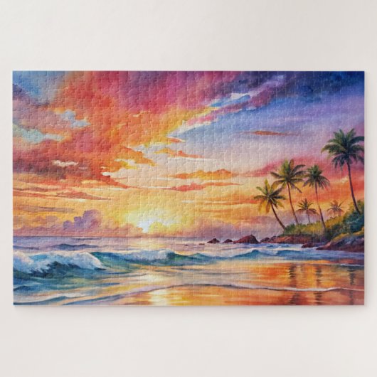 Tropische Sunset Beach Waterverf, Palm, Oceaan Legpuzzel (Horizontaal)