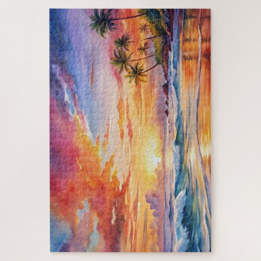 Tropische Sunset Beach Waterverf, Palm, Oceaan Legpuzzel (Verticaal)