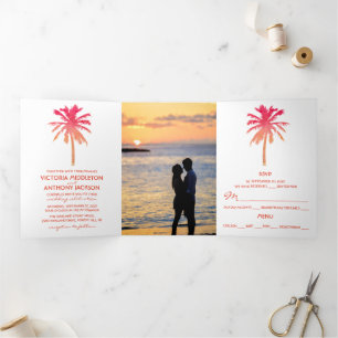 Tropische Sunset Palm Beach Wedding Suite Drieluik Uitnodiging