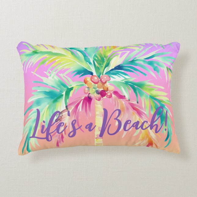 Tropische Sunset Palm Tree Life's a Beach Accent Kussen (Voorkant)