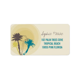 Tropische Sunset Palm Trees Strand Bruiloft Labels