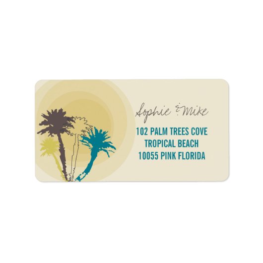 Tropische Sunset Palm Trees Strand Bruiloft Labels (Voorkant)