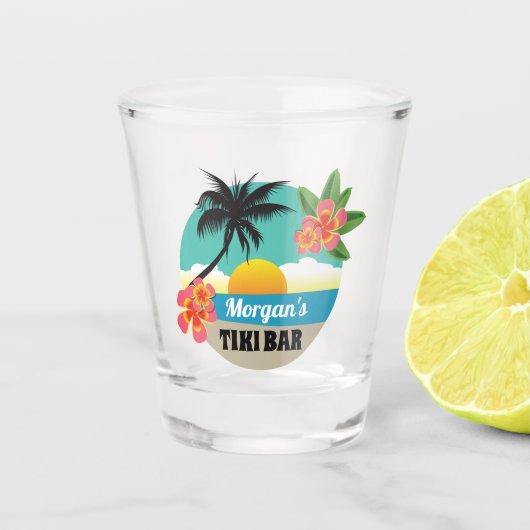 Tropische Sunset Tiki Bar met naam Shot Glas (Voorkant)