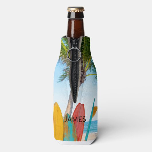 Tropische Surfboard Beach Persoonlijke naam Flesjeskoeler (Fles Achterkant)