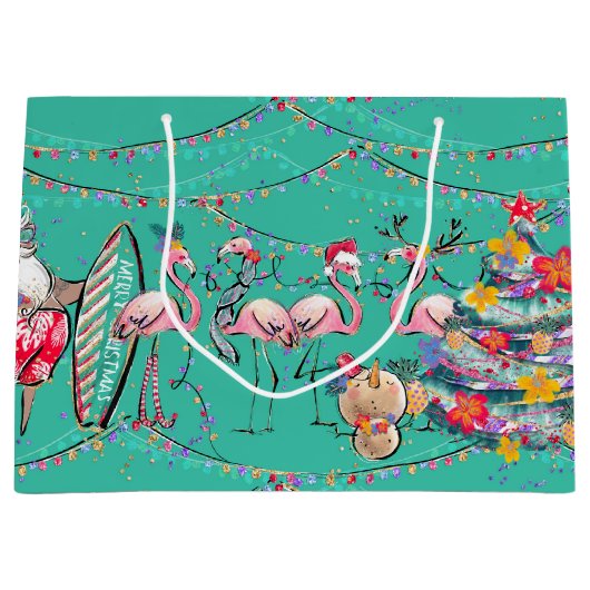 Tropische Surfing Santa Holiday Gift Bag Groot Cadeauzakje (Voorkant)
