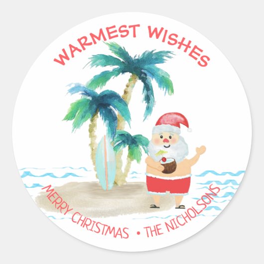 Tropische Surfing Santa Warmest wil kerst Ronde Sticker (Voorkant)