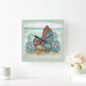 Tropische Surfing Waterverf Beach Gnomen Vierkante Klok (Huis)