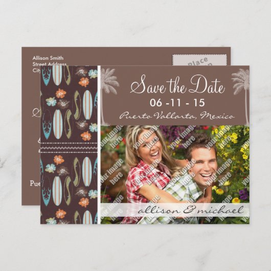 Tropische surfplanken en Hibiscus Aankondigingskaart (Voorkant / Achterkant)