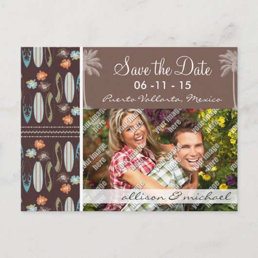 Tropische surfplanken en Hibiscus Aankondigingskaart (Voorkant)