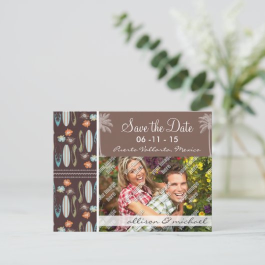 Tropische surfplanken en Hibiscus Aankondigingskaart (Staand voorkant)