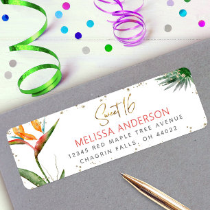 Tropische Sweet 16 Bloemrijke Gouden Script Stippe Etiket