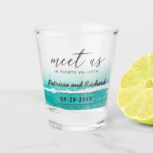 Tropische Teal Bruiloft Bestemming Save the Date Shot Glas (Voorkant)