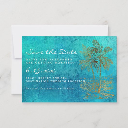 Tropische Teal Gouden Palm Save Our Date Trouwkaar Save The Date (Voorkant)
