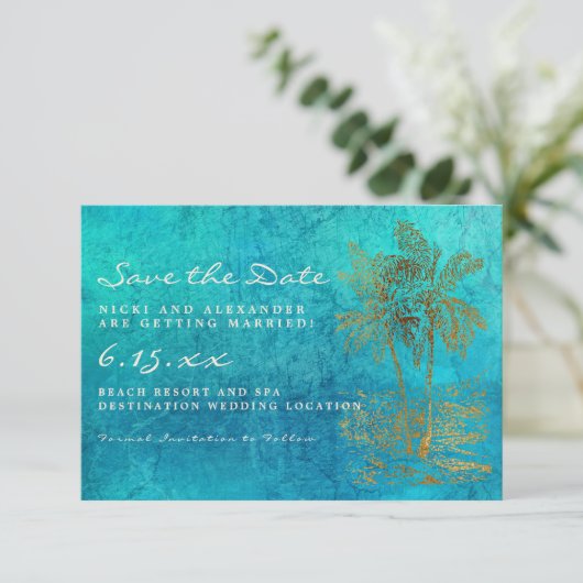 Tropische Teal Gouden Palm Save Our Date Trouwkaar Save The Date (Staand voorkant)