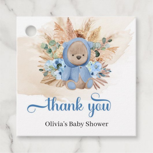 Tropische teddy draagt blauwe bloemen palm baby sh bedankjes labels (Voorkant)