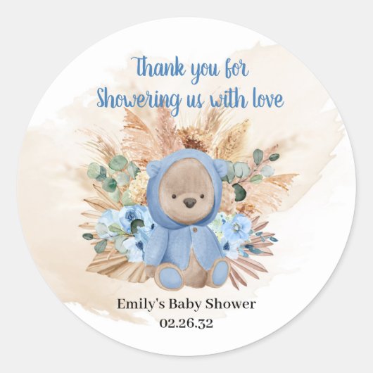 Tropische teddyspnoe blauw bloemen baby ronde sticker (Voorkant)