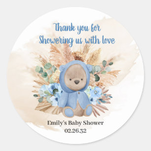 Tropische teddyspnoe blauw bloemen baby ronde sticker