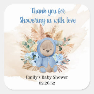 Tropische teddyspnoe blauw bloemen baby vierkante sticker