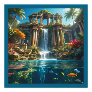 Tropische Tempel Waterval Lake of Fish Foto Afdruk