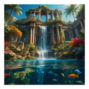 Tropische Tempel Waterval Lake of Fish Perfect Poster