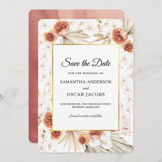 Tropische Terracotta Gedroogde Bloemen Save The Date (Voorkant / Achterkant)