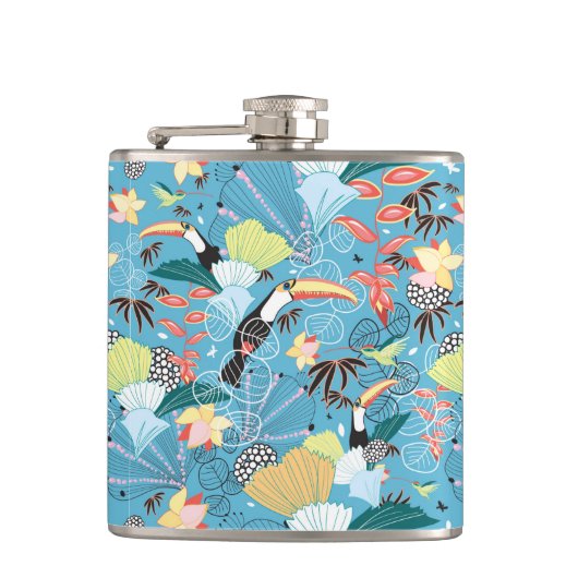 Tropische textuur met toucans en levende vogels heupfles (Voorkant)