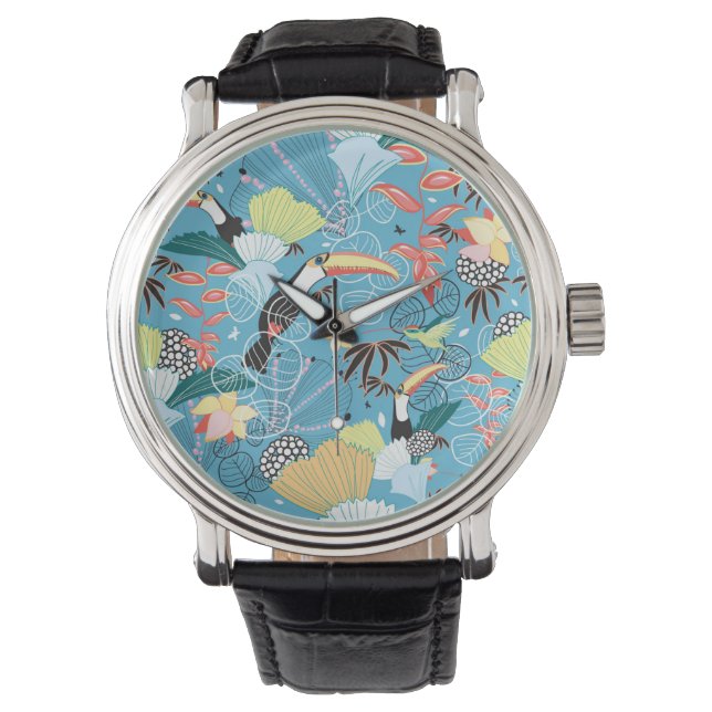 Tropische textuur met toucans en levende vogels horloge (Voorkant)