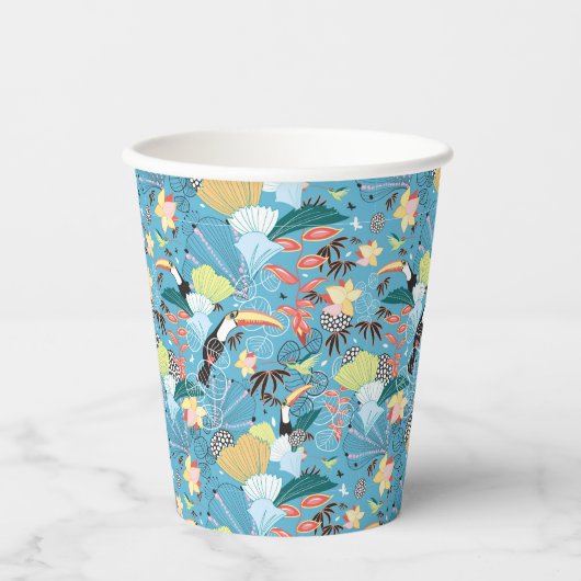 Tropische textuur met toucans en levende vogels papieren bekers (Voorkant)