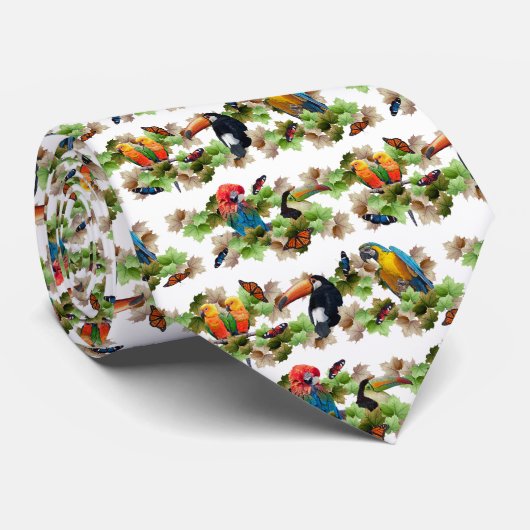Tropische Tie Dubbelzijdige Print (Wit) Stropdas (Opgerold)