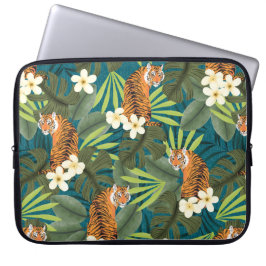 Tropische Tiger Hawaiian Palm Oerwoud Blauwgroen w Laptop Sleeve