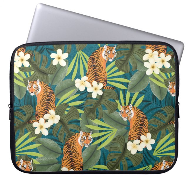 Tropische Tiger Hawaiian Palm Oerwoud Blauwgroen w Laptop Sleeve (Voorkant)