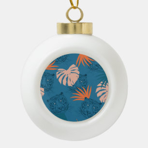 Tropische tijger bladeren diep blauw keramische bal ornament