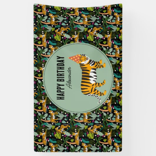 Tropische tijger Botanisch Oerwoud Safari Verjaard Spandoek (Verticaal)