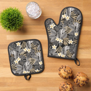 Tropische Tijger Hawaïaanse Palm Jungle Grijs Ovenwant & Pannenlap Set