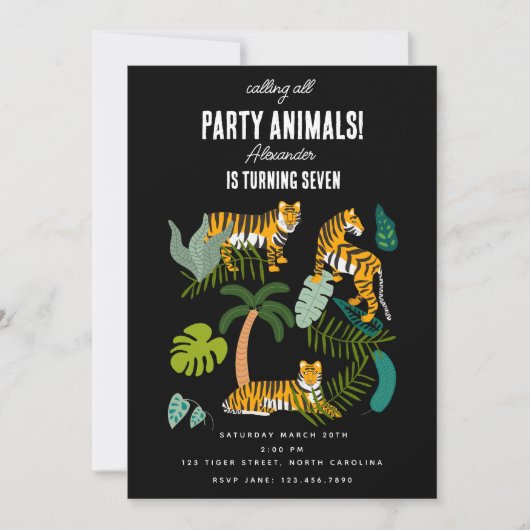 Tropische Tijger Zwarte Jungle Safari Kinderverjaa Kaart (Voorkant)