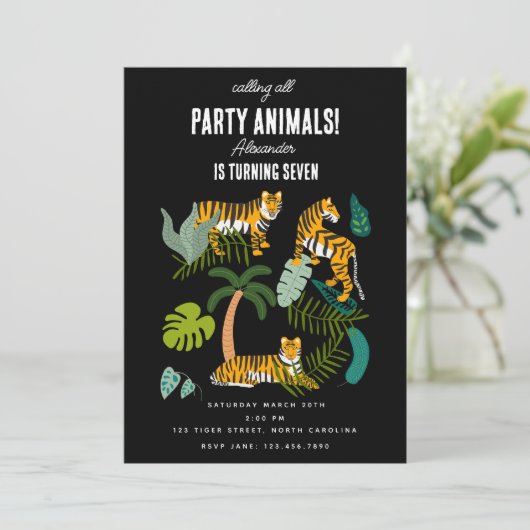 Tropische Tijger Zwarte Jungle Safari Kinderverjaa Kaart (Staand voorkant)