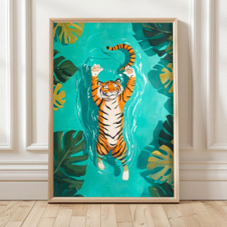 Tropische Tijger Zwemt in Rivier Badkamer Print