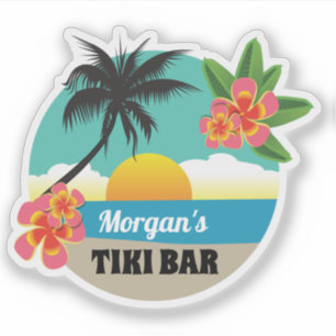 Tropische Tiki Bar met naam, zonsondergang, palmbo Sticker