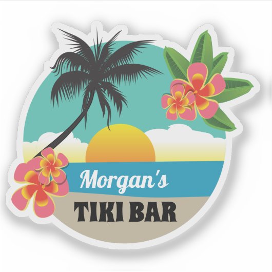 Tropische Tiki Bar met naam, zonsondergang, palmbo Sticker (Voorkant)