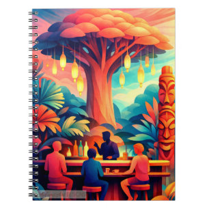Tropische Tiki Bar Onder Glanzende Lantaarnboom Notitieboek